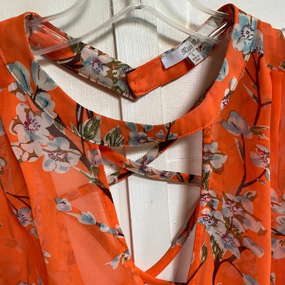 Miss Me Orange Floral Choker Neck Open Back Crisscross Blouse MDT1017T L - Picture 12 of 14